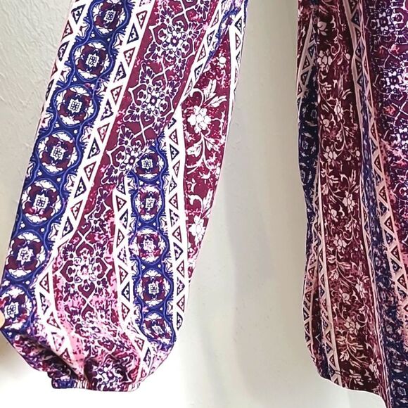 Fred David Purple, Pink, Navy Print Peasant Top with Tie at Neckline, Size 1X - Picture 5 of 9